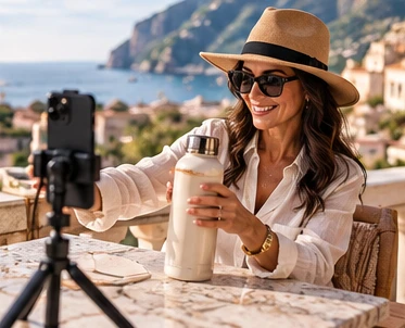 Woman filming a water bottle at a coastal café