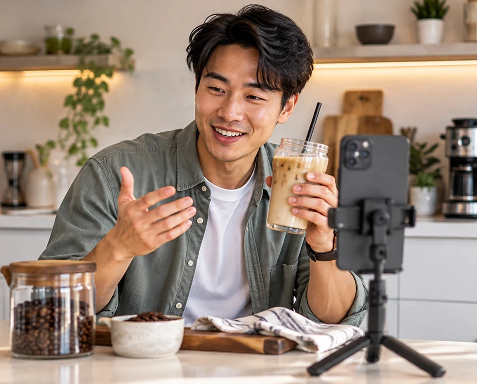 Man filming an iced coffee in a bright kitchen