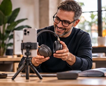 Man filming a pair of headphones with his smartphone