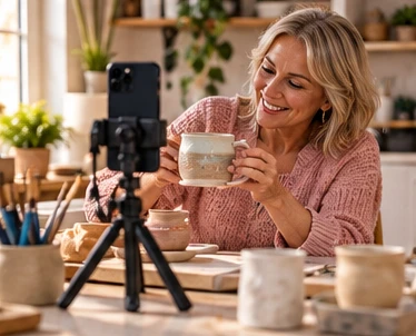 Woman filming handmade ceramics with her smartphone