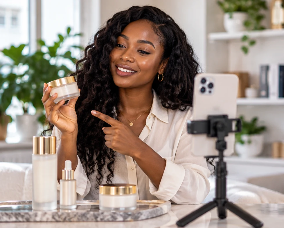 Woman filming a skincare jar in a bright home studio