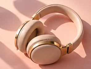 Cream and gold headphones on a pink background